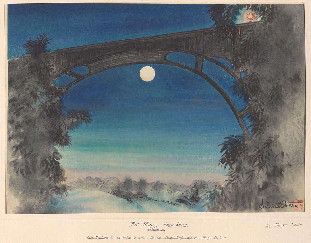 Watercolor of a full moon shining just below a bowstring arch bridge.