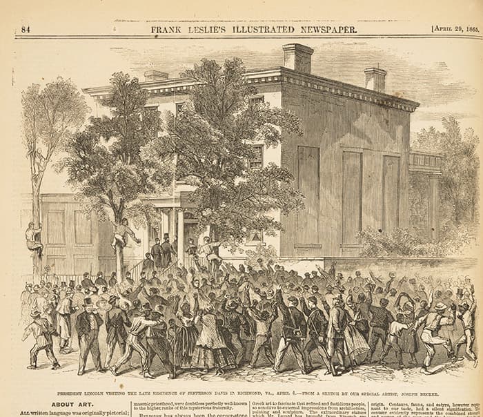 Detail of wood engraving showing President Lincoln visiting the former residence of Jefferson Davis, president of the Confederacy, in Richmond, Virginia, on April 4, 1865
