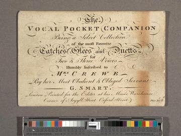 The vocal pocket companion : being a select collection of the most favorite catches glees and duetts for two & three voices ; humbly inscribed to Mrs. Crewe by her most obedient & obliged servant G. Smart