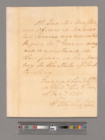 Order by George Washington, Philadelphia, to Officers and Quarter Masters in South Carolina
