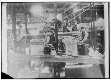Men working at an Orange Labeling Machine at Redlands Golden Orange Packing Plant using Edison power