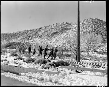 Linemen working on pole in the snow