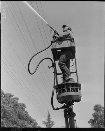 Man cleaning insulators with high pressure hose in bucket truck