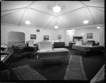 Coffins in a mortuary showroom