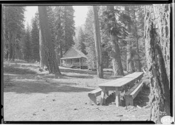 Big Creek, Miscellaneous - Family sitting in shade of large pine trees in forest near G.C. Ward's cabin (see SCE