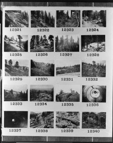 Multiple-image copy film negative with images of surveys for a proposed wood-stave pipeline from Huntington Lake to Shaver Lake: #02-12321 to #02-12340