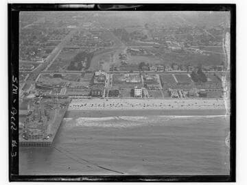 Aerial detail of Santa Monica Pier and beach south of pier