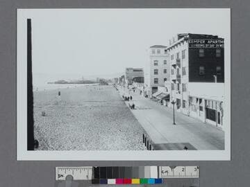 Looking north up Ocean Front from Bath House, Venice, California