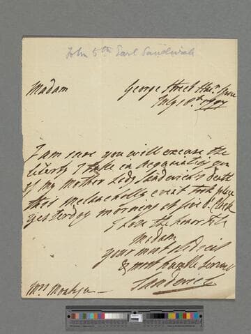 Montagu, John, 5th Earl of Sandwich. Letter to Elizabeth (Robinson) Montagu