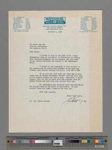 Letter from Joe Shoong to Peter SooHoo