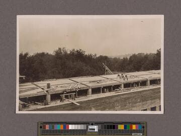 Huntington Library Construction: view showing forms for the roof of the Center Wing, looking north west