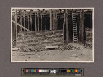 Huntington Library Construction: view showing the East Wing scaffold to hold the second floor, looking north