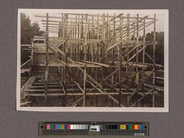 Huntington Library Construction: view showing the Center Wing scaffold, looking north