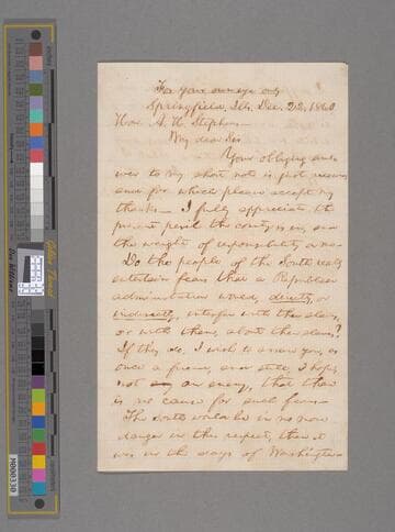 Abraham Lincoln, Springfield, Illinois, letter to Alexander H. Stephens