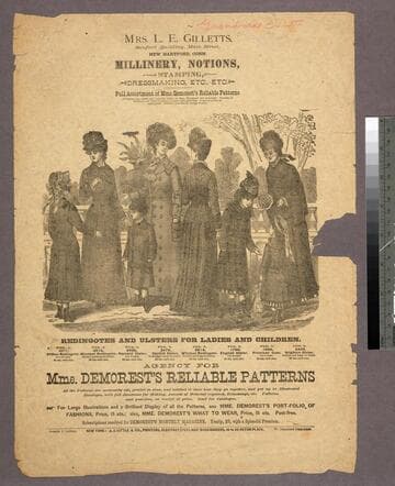 Mrs. L. E. Gilletts, Sanford Building, Main Street, New Hartford, Conn. : millinery, notions, stamping, dressmaking, etc., etc. : full assortment of Mme. Demorest's reliable patterns