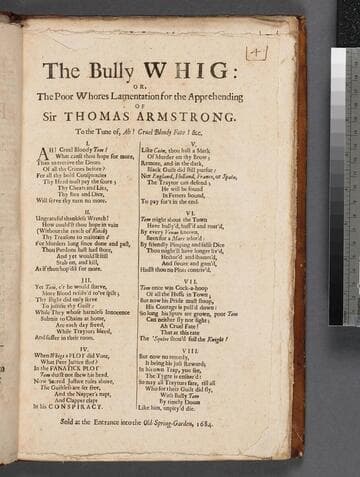 The bully Whig: or, The poor whores lamentation for the apprehending of Sir Thomas Armstrong. To the tune of, Ah! cruel bloody fate! &c