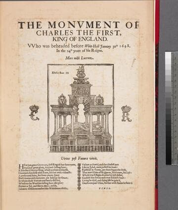 The monument of Charles the First, King of England. : VVho was beheaded before Whit-Hall [sic] January 30th 1648. In the 24th yeare of his reigne