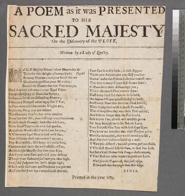 A poem as it was presented to His Sacred Majesty on the discovery of the plott, / written by a lady of quality