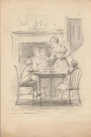 Family Around a Table in Front of Fireplace