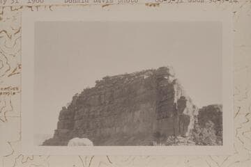 Summit block of Tower of Ra looking south from 100 yards north along Ra ridge from the Stanton photo point.  The vertical crack at far left is a potential climbing route but it is very unlikely that Stanton-Hislop-Kane attempted it
