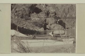 The "Esmeralda II" at the beach at Bright Angel Creek.  The mules carrying the dudes are on the trail