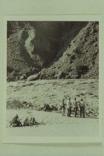 Study of Hance Rapid before running on the morning of June 15, 1950.  Left to right:  Forcier, Desloge, Marston, Ed Hudson, Edward Hudson and Taylor