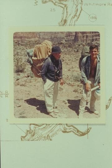 Dock Marston and Buzz Belknap about to start down the Whitmore Trail.  The pack is bulky but weighs little as it is chiefly life preservers