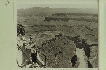 The Marble Gorge from the cable platform at Mile 39.  The group are looking at the camp of the motorboat crew