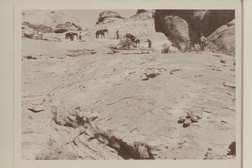 Leading the stock down the slick rock into head of the northeast fork of 73.6