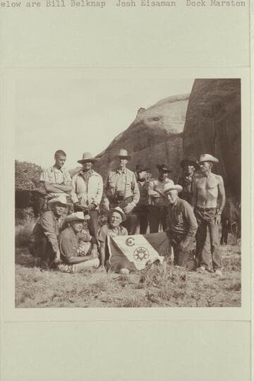 Entire group at camp at head of middle fork of 73.6.  Left to right at at top are Chris Turner; Buck Whitehat; Noel Morss; Buster Ordiway; Dan Lehi; Nasja Begay; Tom Daly.  Below:  Bill Belknap, Josh Eisaman, Dock Marston, Archeyes Masland