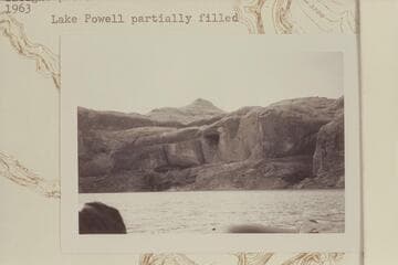 Down to inlet at Mile 76.1, right bank.  Lake Powell partially filled [on photo reverse:  just above Hidden, right bank]