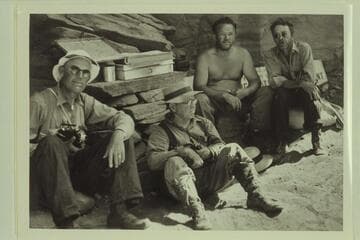 William Chryst, A. L. Inglesby, Russell G. Frazier and Charles Kelly at the registration box under Rainbow Bridge