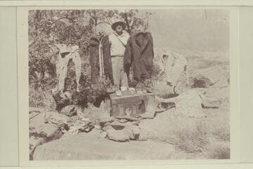 The trunk and contents of B. Graves' trunk found at the Music Temple in Glen Canyon by Harris and others.  Photo by Ed Hudson who is holding the clothes and looking at the camera