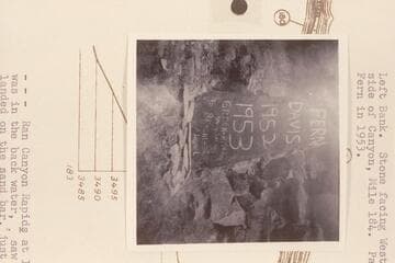 Fern Davis stone, Mile 184 [on reverse of photo:  Davis, 1964--Cataract.  Left Bank.  Stone Facing West.  Down river side of Canyon, Mile 184.  Painted by Fern in 1953]