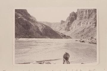 Cataract Canyon--William J. Davis.  Print sent by Davis in 1952 with caption:  "The landing after the upset.  Between two bad rapids named #22 and #23 by Eddy"