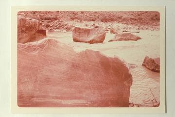 The Best Expedition inscription on the boulder near the river.  Camp No. 7, Hell to Pay.  No. 1 is Sunk and Down.  Mile 204 1/2, right bank.  The rock at upper center is the one which trapped the boat