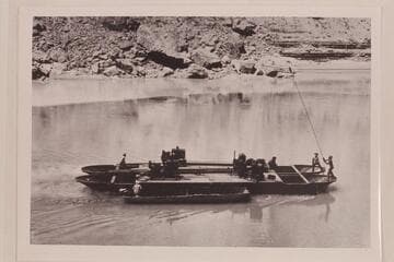 Barge used in diamond drilling the river bed at the lower Marble Canyon damsite, near Mile 40 in Marble Canyon.  Copied from print in collection of Rod Sanderson