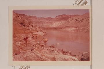 Landing of the Yaks above Rapid No. 1.  The Paradox incrustation on the opposite side of the Canyon is at the mouth of Butler Canyon