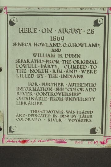 Plaque at Separation Canyon prepared by Julius F. Stone and placed by him and a boat party which cruised Lake Mead 1939, Aug.  It was moved higher in 1943, Dec. by Harry Aleson and party