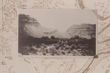 From Spanish Bottom across the river to the upthrust of the Paradox Formation at the mouth of Butler Canyon.  Prommel's inscription near the trail is May 13, 1926