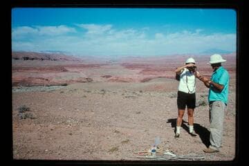 Dot and Harry at top of road, Halls Creek, left bank