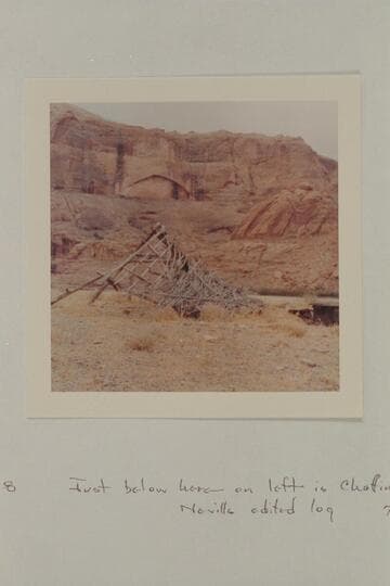 Wreck of pole and brush miners' cabin; Mile 108, left bank, Glen Canyon.  Down river from Schock Cabin