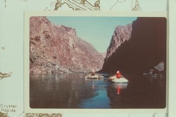 Small inflated craft heading into 83 Mile Rapid.  Ed Herrman; Howard Booth; Jorgen Visbak