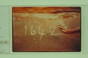 "1642" inscription opposite the mouth of Lake Canyon, Mile 113.   Charles Kelly was fairly certain this inscription was a fake