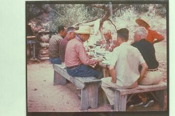 Trail party at camp in cave upstream from Rainbow Bridge:  Tom Daly, Ballard Atherton, Jorgen Visbak, Frank Masland, Hugh Cutler, Joseph Desloge, Marston