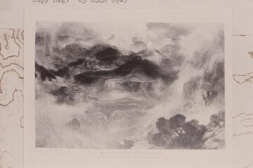 Across Grand Canyon to Zoroaster from Bright Angel Trail area.  Copy of color reproduction of [Thomas] Moran painting