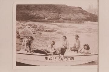 The women in the 1947 Nevills party between Lees Ferry and Bright Angel Creek.  Foot of the Tanner Trail.  L to R:  Marjory Farquhar, Rosalind Johnson, Pauline Saylor, Margaret Marston and Elma Milotte