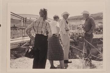 Margaret Marston, with her hair in the Navajo style; "Gin" and Frank Masland; Bill Belknap.  The old and new bridges at Mexican Hat across the San Juan River