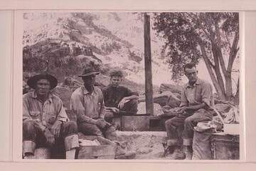 Camp at Rapid #37.  21.7 miles below mouth of Green River, 8:20 AM.  Identification by Leigh Lint:  Harry Tasker; Lint; Stoudt; and Clogston, members of the Chenoweth party surveying Cataract Canyon