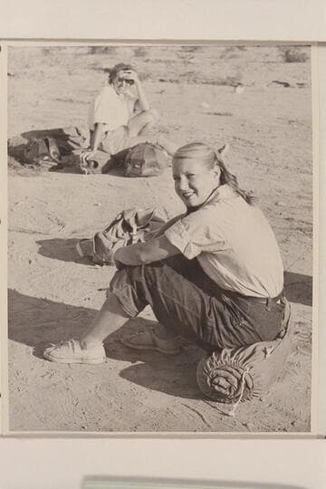 Zoe Desloge at end of 1947 traverse, while Marie Saalfrank sits in background; Pierces Ferry